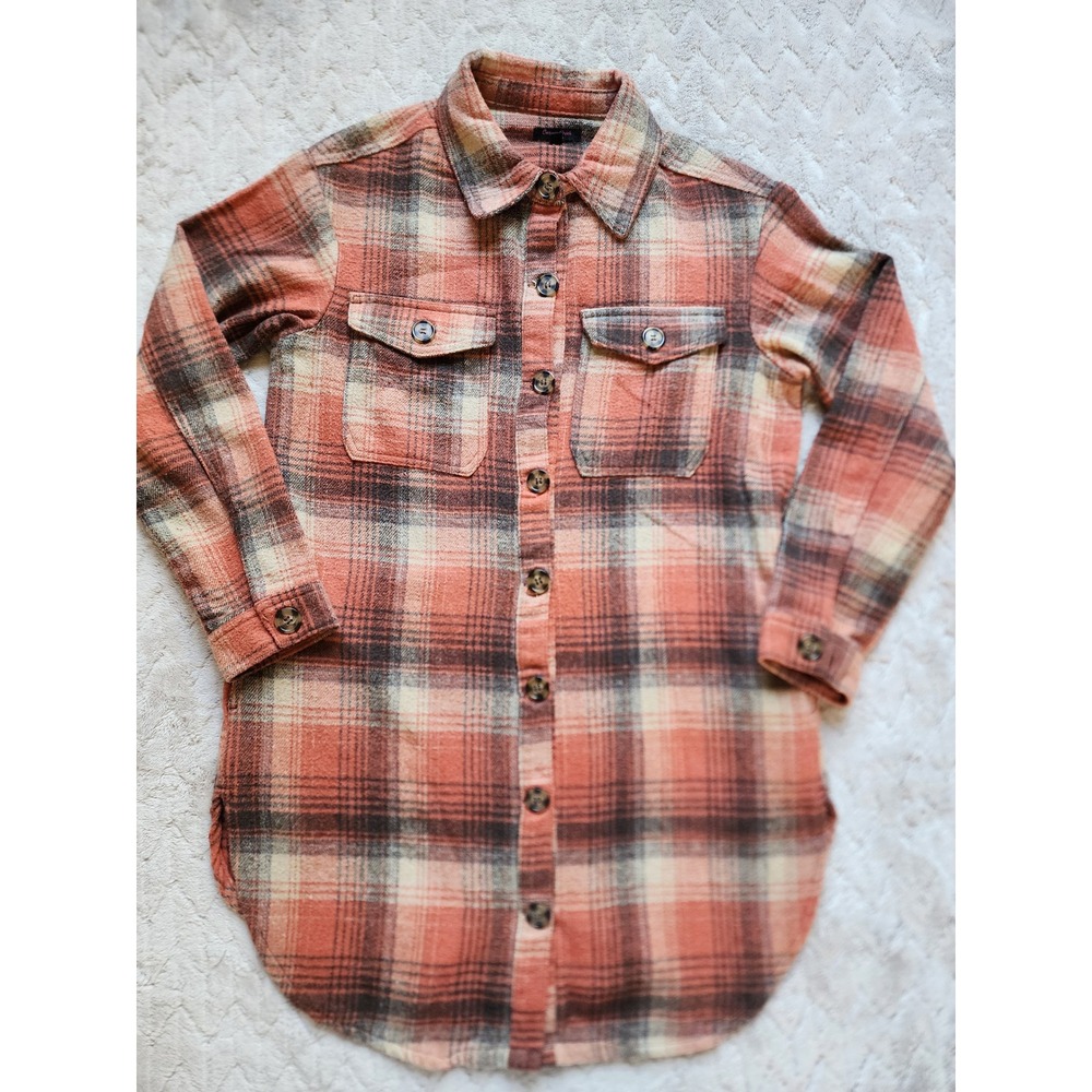 Womens Plaid Flannel Long Shirt Jacket Orange Brown Medium Shacket